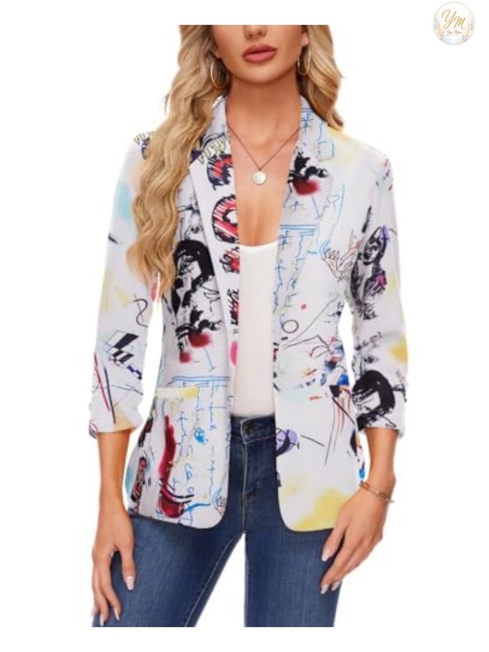 Women's Casual Blazer 3/4 Ruched Sleeve Open Front Button Jacket